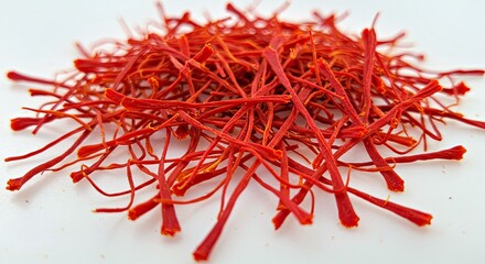 An abstract arrangement of dry saffron stigmas on a white background