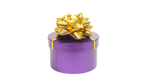 Round gift box in glossy purple wrapping luxury decorative present container isolated on white background
