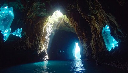 A stunning underwater cave reveals luminous, aquamarine crystals, bathed in sunlight filtering through the opening.