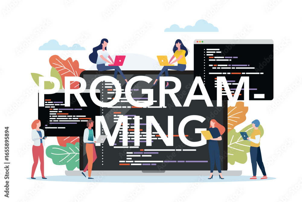 Wall mural programming class with laptop screen