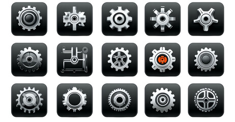 Collection of metallic gears on black background for design.