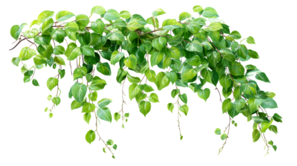 Heart-shaped green philodendron leaves cascade on vine stems, cut out transparent