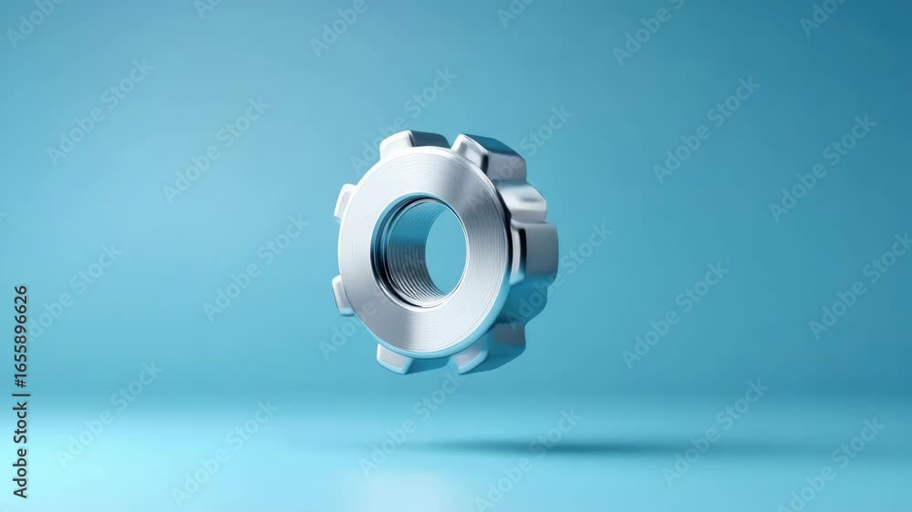 Poster floating metallic gear nut against blue background showcases intricate design and precision engineer