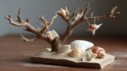 Decorative arrangement of seashells and driftwood creates coastal theme, evoking sense of tranquility