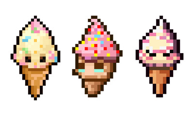 A delightful collection of three pixelated ice cream cones. These charming pixel art creations evoke a sense of nostalgia and the vintage video game era. Ideal for retro game development, graphic