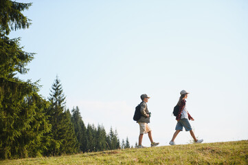 Young hikers exploring nature, boy and girl walking in forest