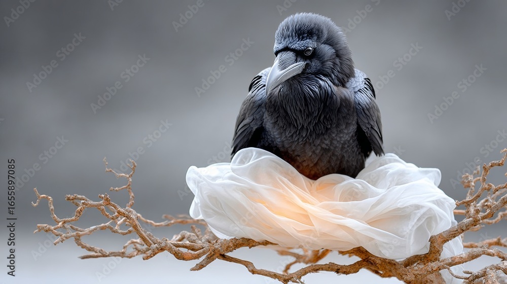 Poster black bird is sitting on a white sheet of paper. the bird is looking at the camera with a curious ex