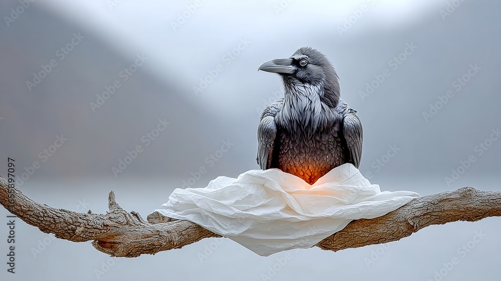 Poster crow is sitting on a branch with a white tissue paper on its head. the image has a melancholic and c