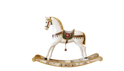 Wooden rocking horse with festive Christmas decorative design isolated on white background