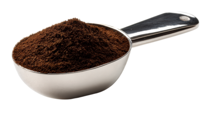 Metal scoop filled with fine dark coffee grounds isolated on white, cut out transparent