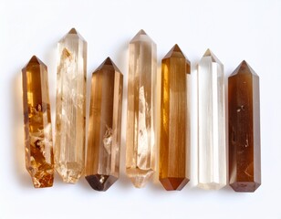 Collection of polished natural quartz crystals in various shades of brown and clear, showcasing their hexagonal prism shapes and pointed terminations on a white background