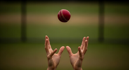Catching the cricket ball in air with hands ready to catch