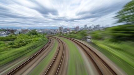 High-Speed Rail Journey: A Blurred Perspective of Cityscape and Greenery During Travel