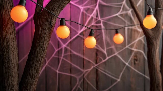 Halloween spider webs, glowing orange string lights create warm ambiance, enhancing festive mood against rustic backdrop