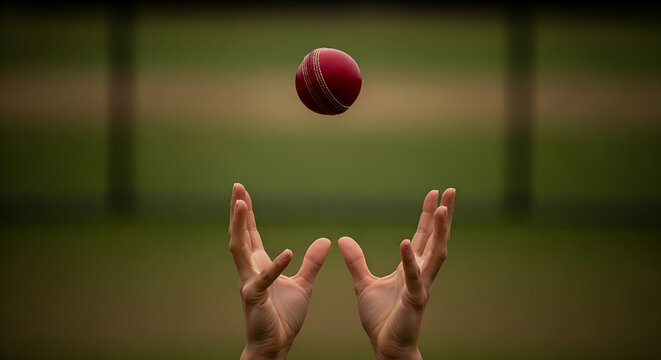 Catching the cricket ball in air with hands ready to catch