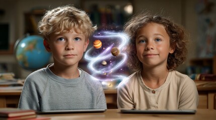 Two children are sitting at a desk with a tablet in front of them. They are looking at a picture of planets and stars