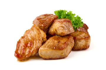 Pork stew, grilled pork bites, isolated on white background.