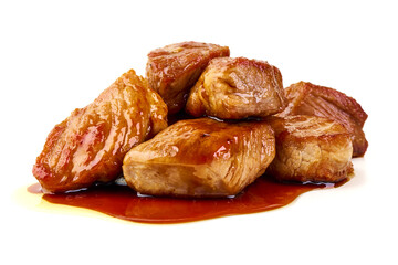 Pork stew, grilled pork bites in sauce, isolated on white background.