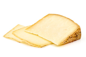 Aged Cheese Wedge Slices, isolated on white background