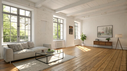 Fototapeta premium A bright minimal living room with wooden floor, white walls, and natural sunlight streaming through windows.