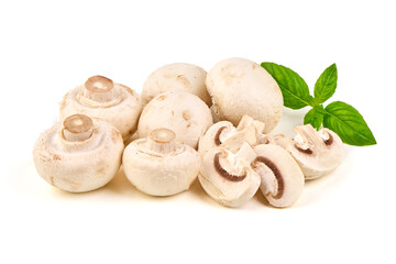 White Mushrooms with Basil Leaf, isolated on white background