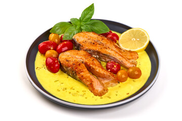 Grilled Salmon Plate, Tomatoes, Basil, Sauce, isolated on white background