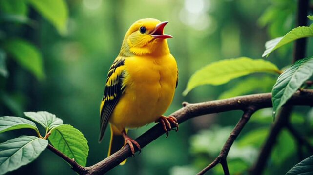 A yellow bird sings melodiously on a green branch, bringing a cheerful atmosphere full of natural harmony with a beautiful voice that soothes the heart of every listener