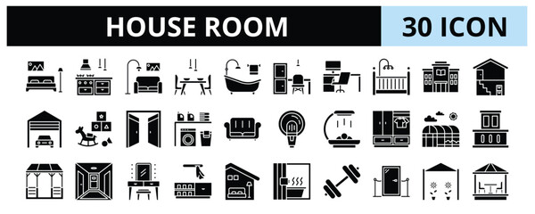30 House Room Glyph Icons Vector - Bedroom, Office, Bathroom, Lounge, Mudroom, Playroom, Balcony ©  karyative
