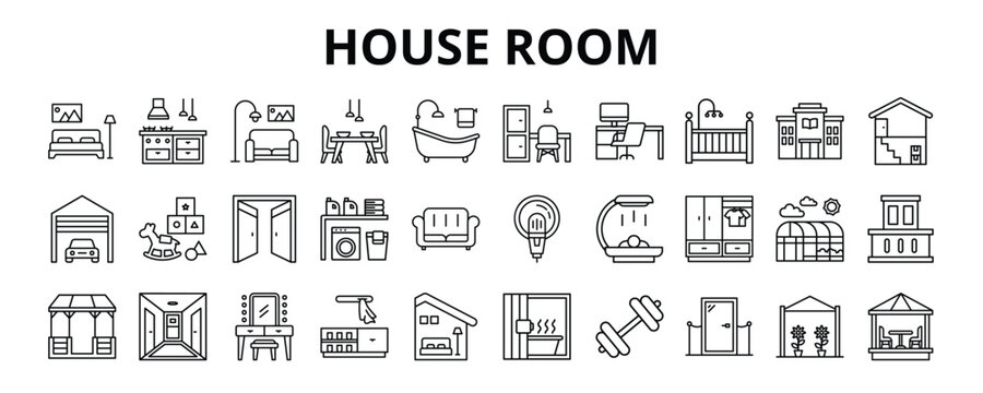 30 House Room Line Icons Vector - Bedroom, Office, Bathroom, Lounge, Mudroom, Playroom, Balcony