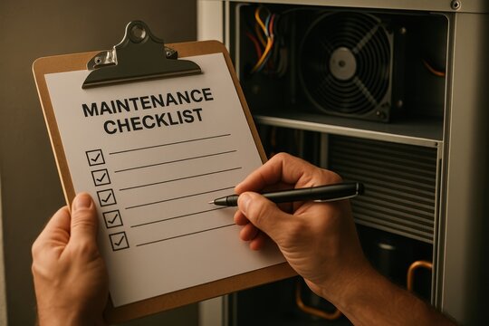 Close clipboard with maintenance checklist at open panel