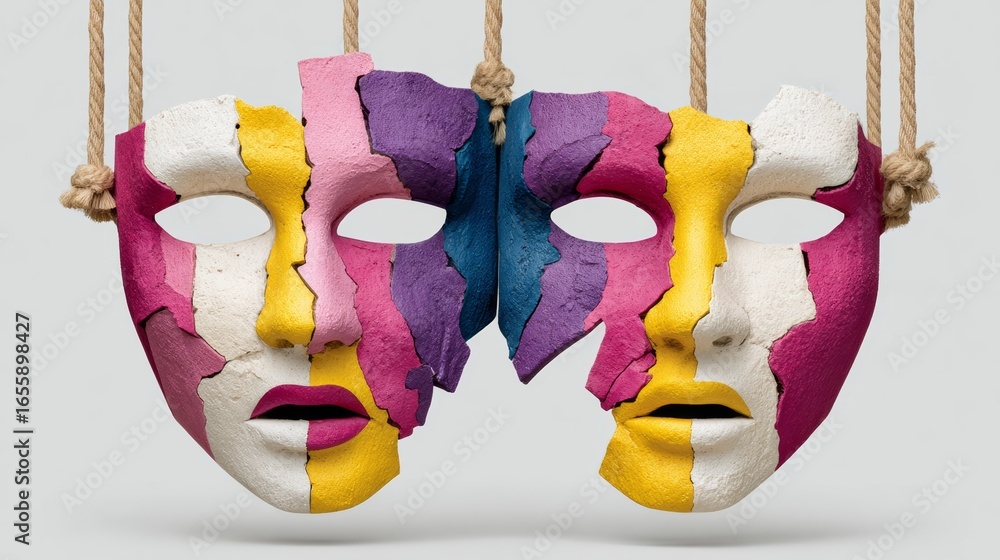 Poster two masks with a broken nose and mouth. the masks are hanging from a rope. the masks are colorful an