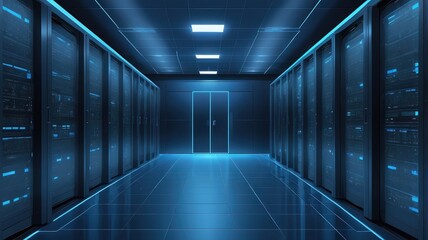 A long corridor with servers on both sides and a door at the end with blue neon lighting