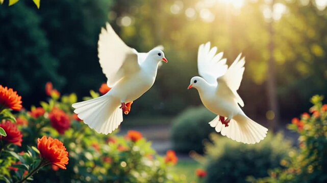 A pair of white doves flying together in the blue sky with a background of colorful flowers, symbolizes eternal love, peace and togetherness in life