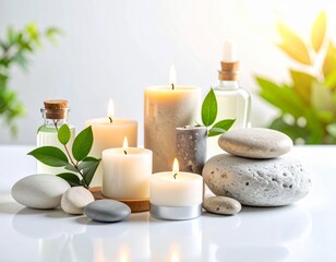 Relaxing Spa Scene with Candles, Stones, and Oils in a Bright Room