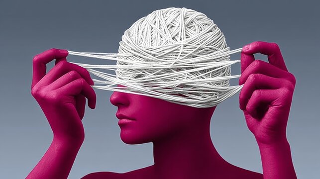 Woman's face is covered in tangled hair, and she is holding a piece of string. Concept of chaos and confusion, as the tangled hair represents a lack of control or order - Powered by Adobe