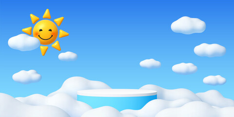 Kids podium stage with cute sun, blue sky and white clouds. Vector cheerful background, natural scene with a smiling sun, fluffy clouds and round platform for children presentations with friendly vibe
