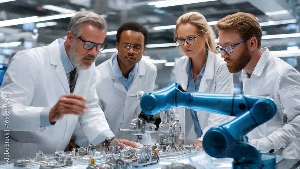 Poster scientific minds at work: a diverse group of scientists, collaborating on an advanced robotic projec