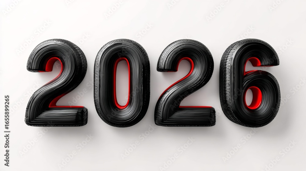 Poster the year is 2026 and it is written in a unique font. the font is made up of tire treads and has a bl