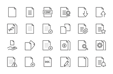 Document icon set. Paper documents, file, blank page, written paper symbol. Vector illustration. Editable stroke. Flat design. Isolated on a white background.