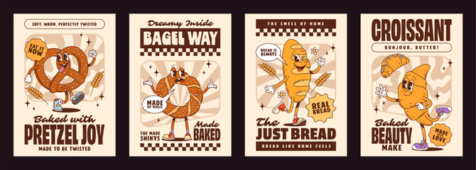 Groovy bakery and pastry characters posters with cartoon baked goods pretzel, bagel, bread and croissant promoting fun bakery messages with retro colors and bold, playful typography