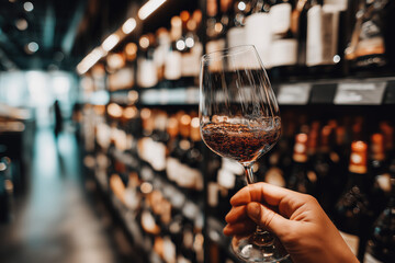 Hand holding red wine in wine aisle