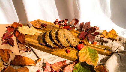 Autumnal bread slices arranged on a wooden board amidst colorful leaves.