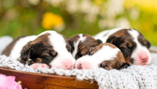Three newborn puppies sleeping