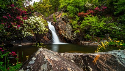 A serene waterfall cascading over dark, rocky cliffs, surrounded by vibrant spring flora.