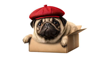 Adorable pug wearing a red cap sits in a cardboard box, cut out transparent