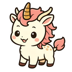 Adorable cartoon unicorn with pink mane and golden horn smiles with cheerful delight