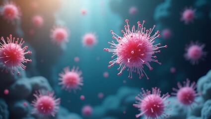 Pink microorganisms and bacteria in 3D, detailed scientific illustration with realistic textures and blue background, high resolution, 4K	
