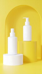 White cosmetic bottles on yellow display
