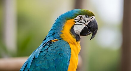 A vibrant portrait of a blue and gold macaw showcasing its brilliant plumage details and texture