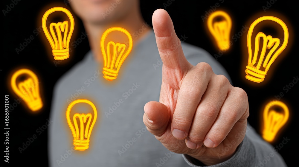 Poster man is pressing a button with a light bulb on it. concept of innovation and creativity